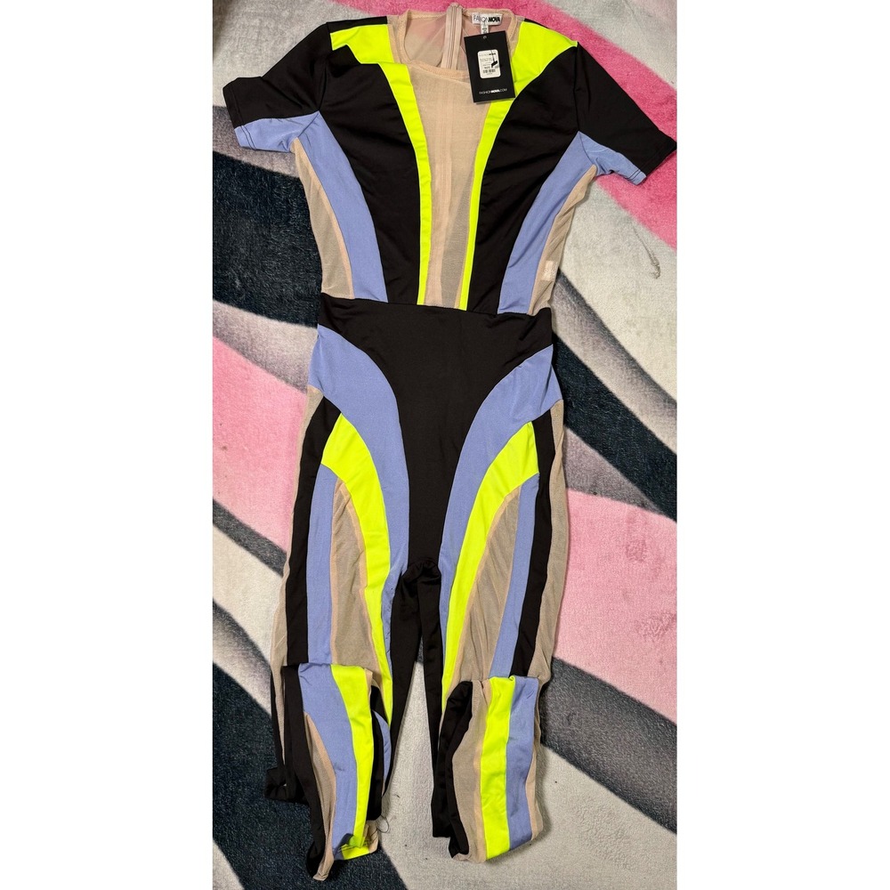 Fashion Nova Running Through Your Mind Mesh Jumpsuit Black Neon Yellow Medium